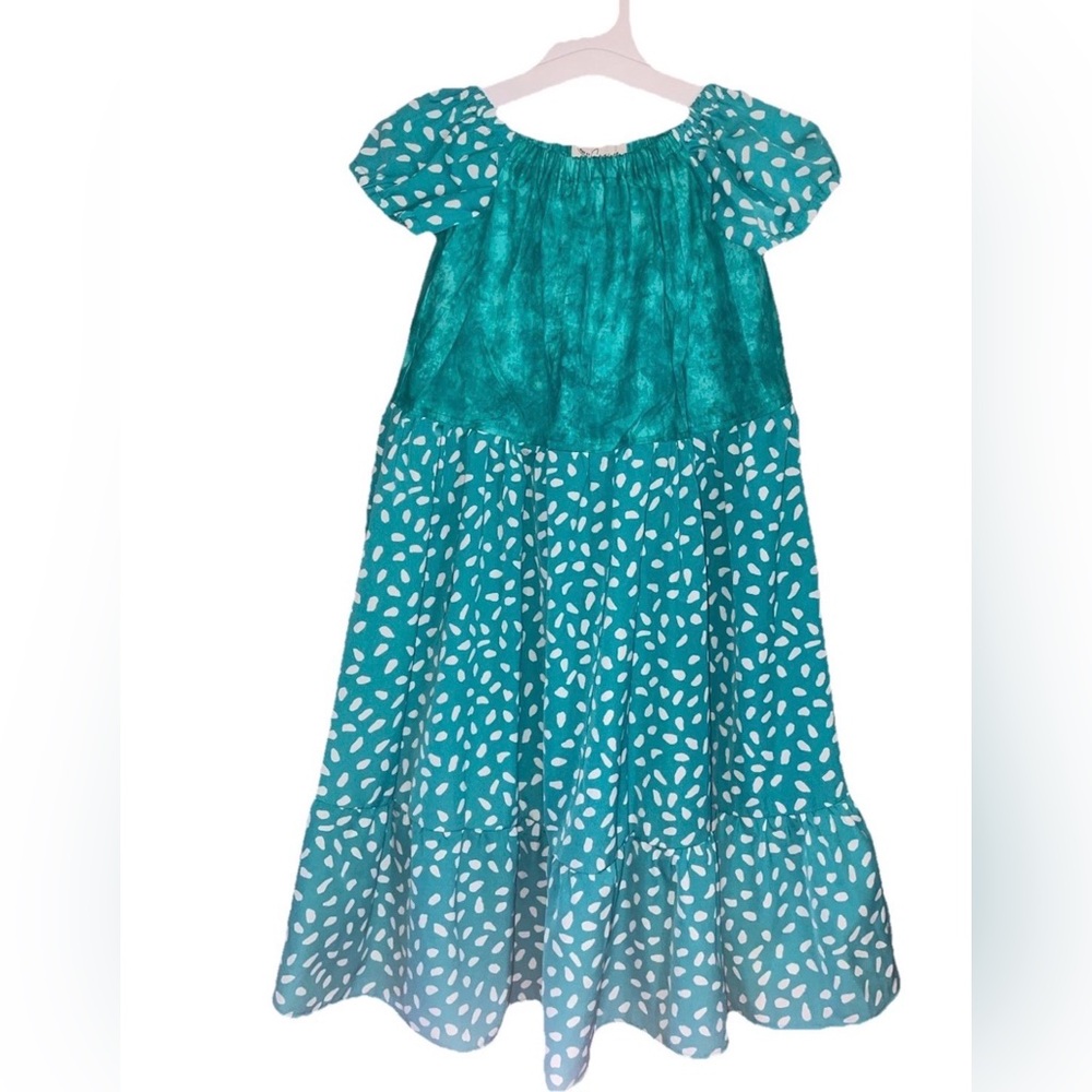 Grayce Girls Turquoise Abstract A-Line Dress Sz 10 Short Sleeve Ruffle Hand Made